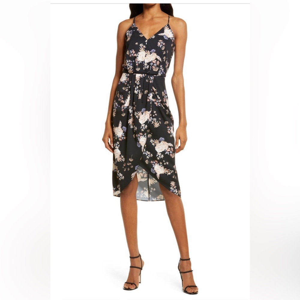 BNWT Chelsea28 Nordstrom Faux Wrap Dress in Black Brocade Blossom